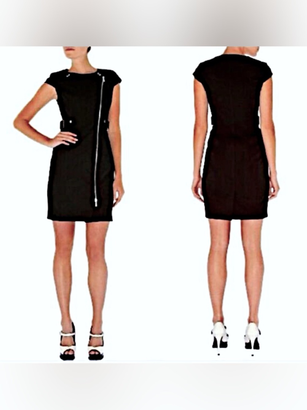 Karen Millen Black Cap-Sleeve Sheath Dress with Moto Zip Detail ❤️❤️